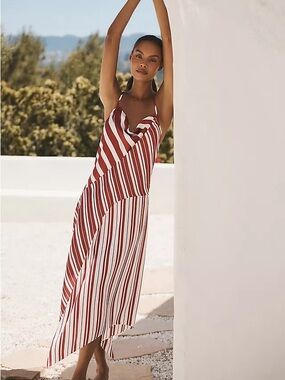 Anthropologie Burgundy and White Striped Slip Dress